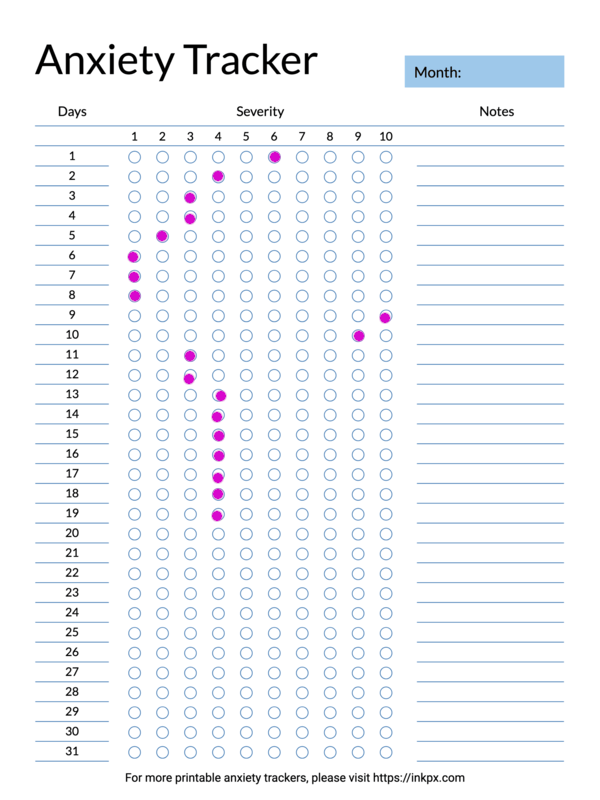 Printable Blue Color Monthly Anxiety Tracker