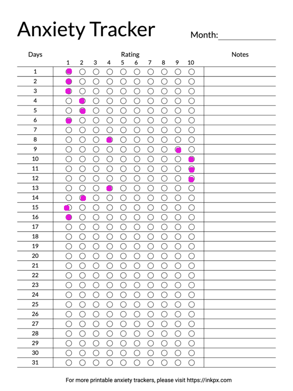 Printable Simple Open Border Monthly Anxiety Tracker