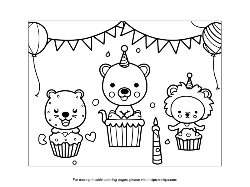 Printable Cute Animal Birthday Party Coloring Page