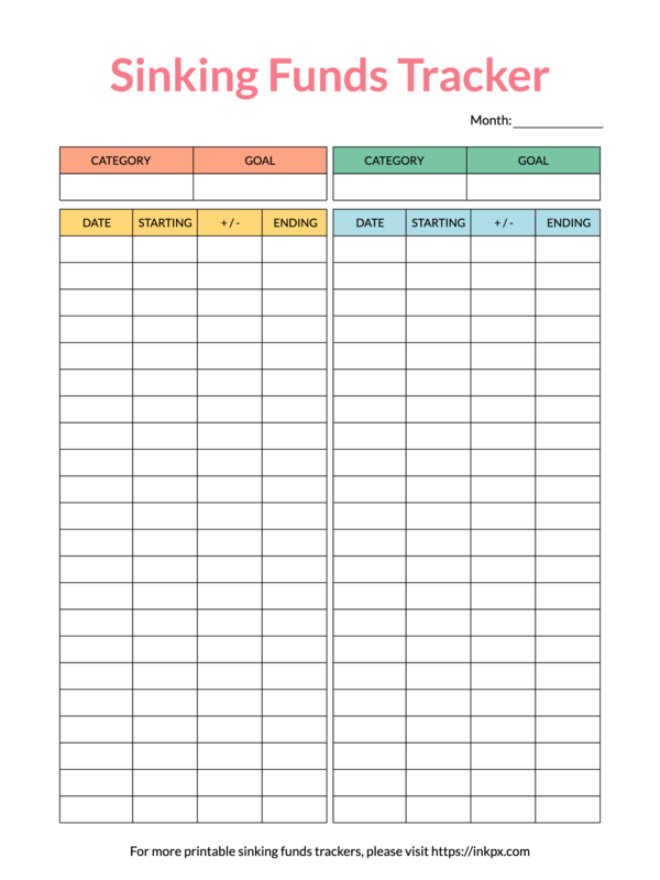 Printable Colorful Compact Monthly Sinking Funds Tracker Template