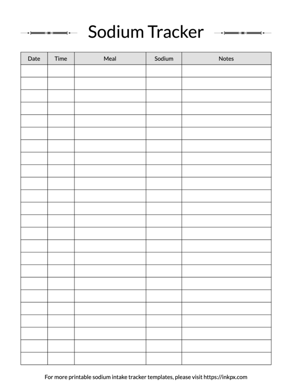 Printable Simple Table Style Sodium Intake Tracker Template