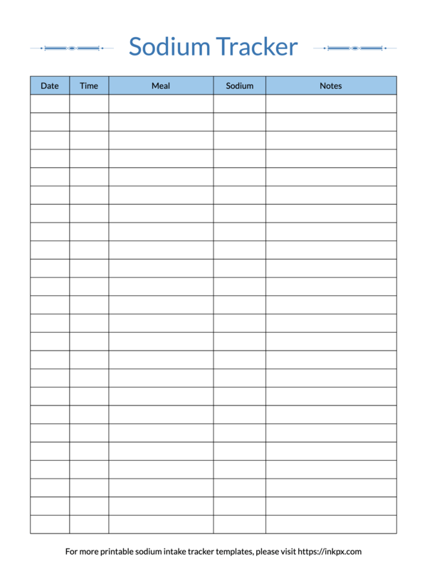 Printable Colored Table Style Sodium Intake Tracker Template