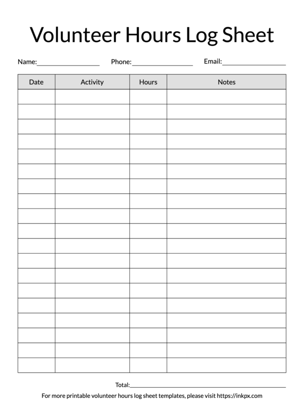 Printable Simple Minimalist Volunteer Hours Log Sheet Template
