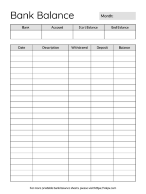 Printable Black and White Table Style Bank Balance Tracker Template