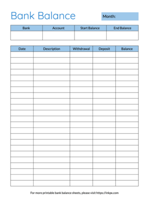 Printable Blue Colored Table Style Bank Balance Tracker Template