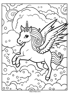 Free Printable Flying in the Sky Unicorn Coloring Page