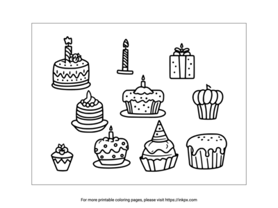 Printable Birthday Cakes and Gifts Coloring Page