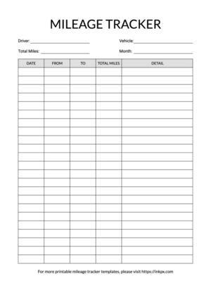 Printable Simple Table Style Mileage Tracker Template