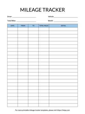 Printable Colored Table Style Mileage Tracker Template