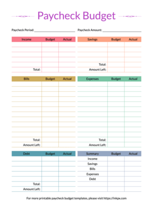 Printable Colorful Open Border Style Paycheck Budget Template