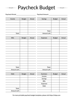 Free Printable Simple Open Border Style Paycheck Budget Template