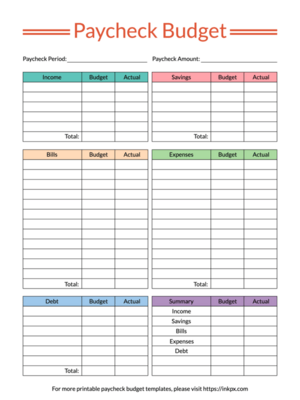 Printable Colorful Table Style Paycheck Budget Template