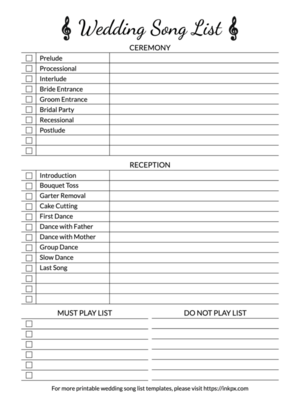 Printable Simple Wedding Music Checklist Template