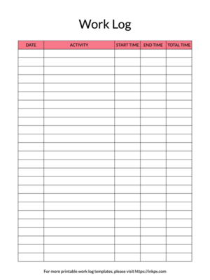 Printable Colored Table Style Work Log Template