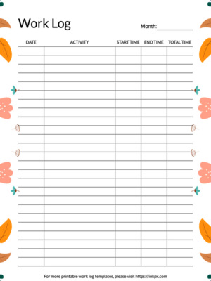 Printable Floral Monthly Work Log Template