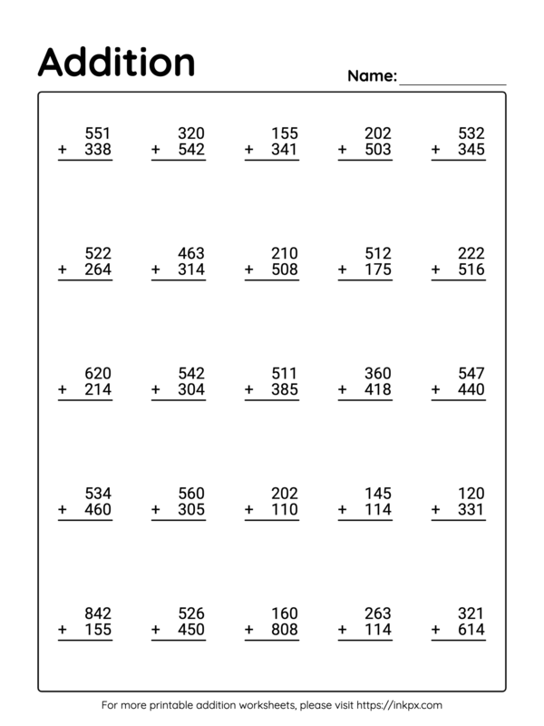 Free Printable 3 Digit Addition Worksheet without Regrouping #3