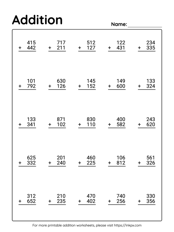 Free Printable 3 Digit Addition Worksheet without Regrouping #2