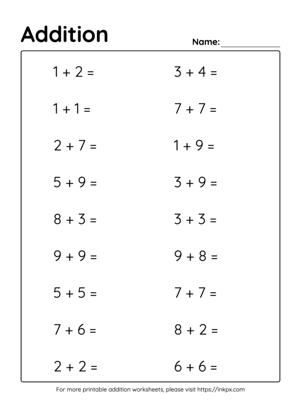 Free Printable Horizontal Kindergarten Addition Worksheet Up to 20