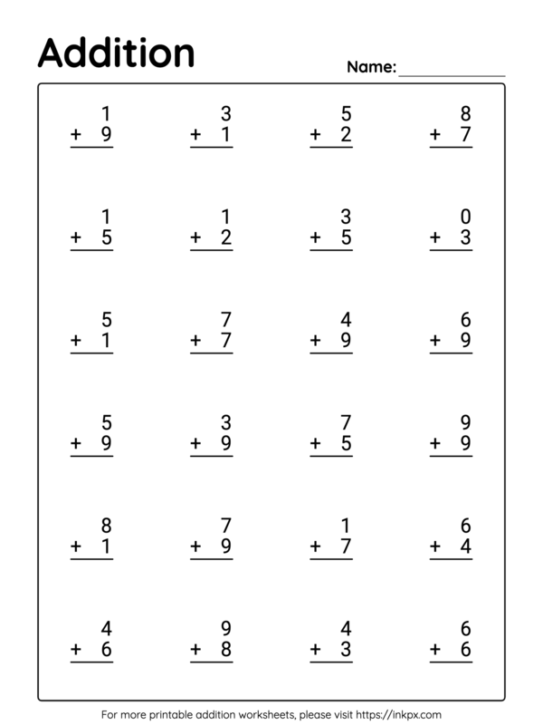 Printable Vertical Kindergarten Addition Worksheet Up to 20(Worksheet#3 ...