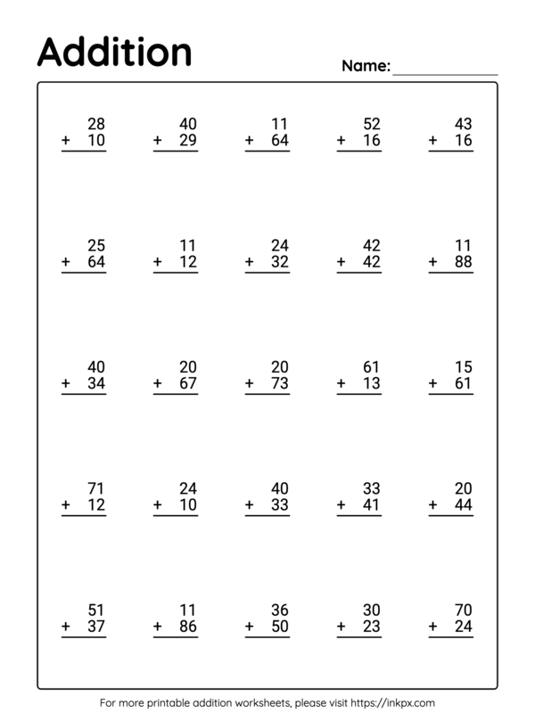 Printable 2 Digit Addition Worksheet without Regrouping #5