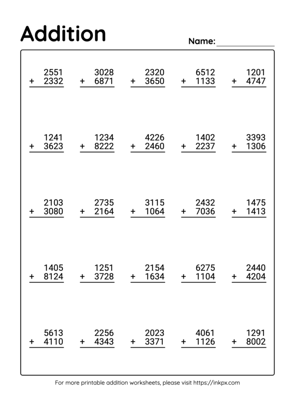 Free Printable 4 Digit Addition Worksheet without Regrouping #1
