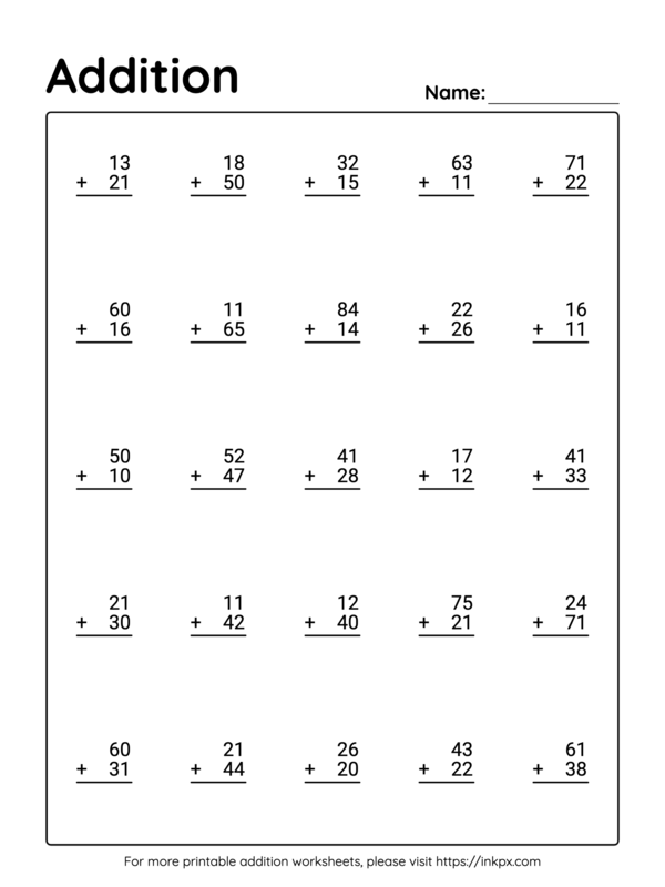 Printable 2 Digit Addition Worksheet without Regrouping #2 · InkPx
