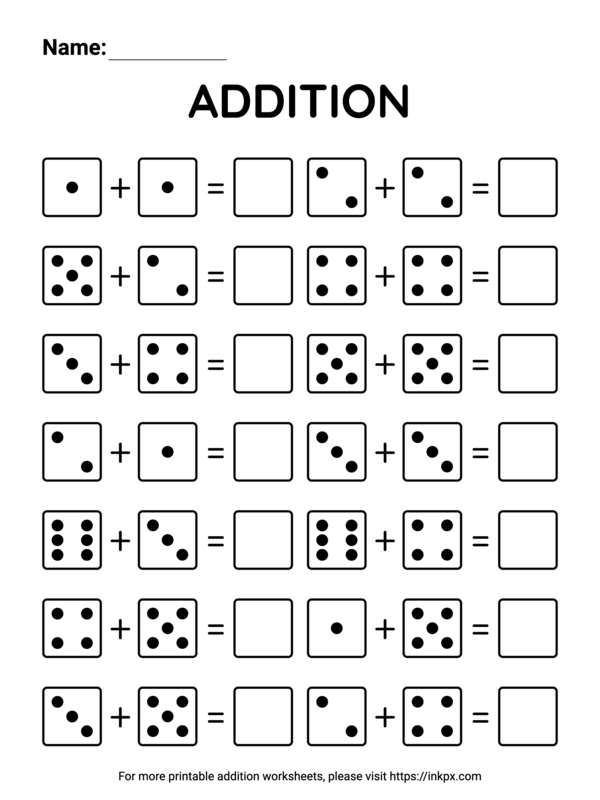 Free Printable Kindergarten Dice Addition Worksheet - Up to 10