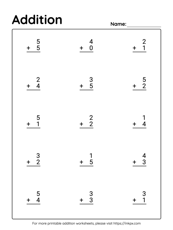 Printable Vertical Kindergarten Addition Worksheet Up to 10(Worksheet #3)
