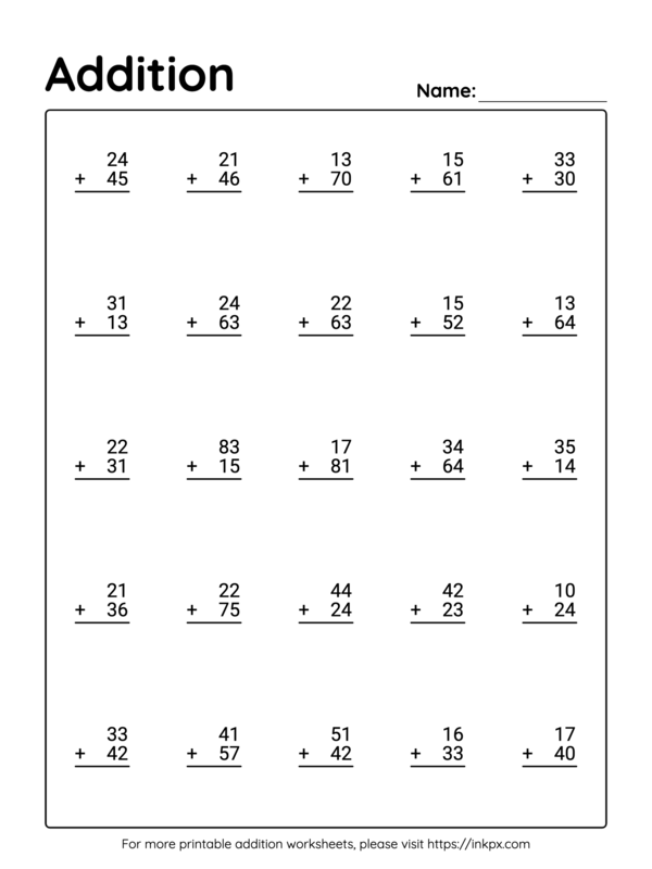 Printable 2 Digit Addition Worksheet without Regrouping #1 · InkPx