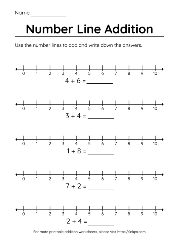 Printable Kindergarten Number Line Addition Worksheet Within 10