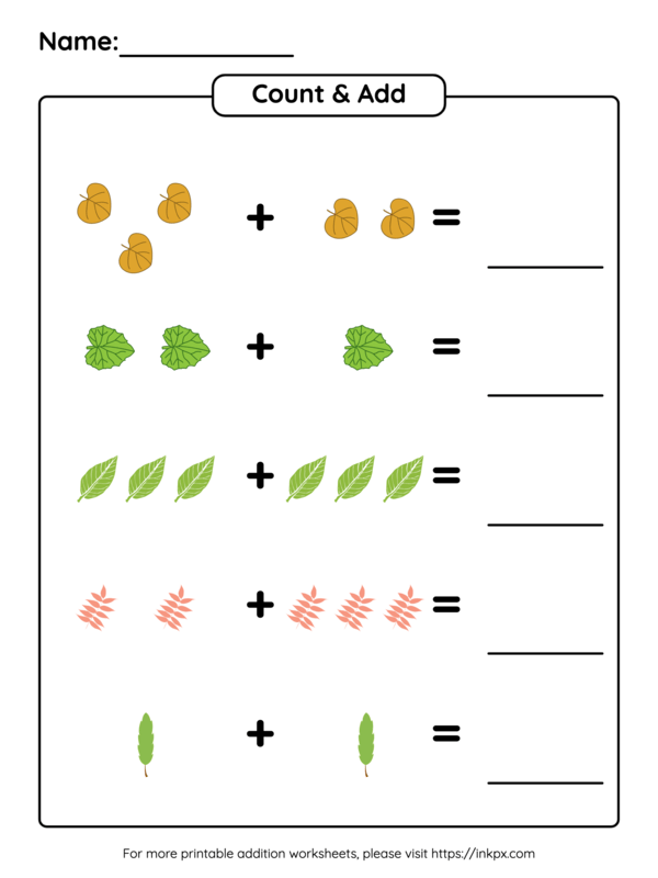Printable Kindergarten Leaves Picture Count & Add Addition Worksheet