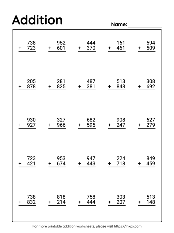 Free Printable 3 Digit Addition Worksheet with Regrouping #1