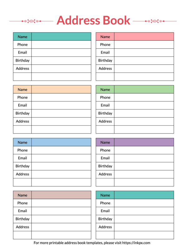 Printable Colorful Table Style Address Book Template