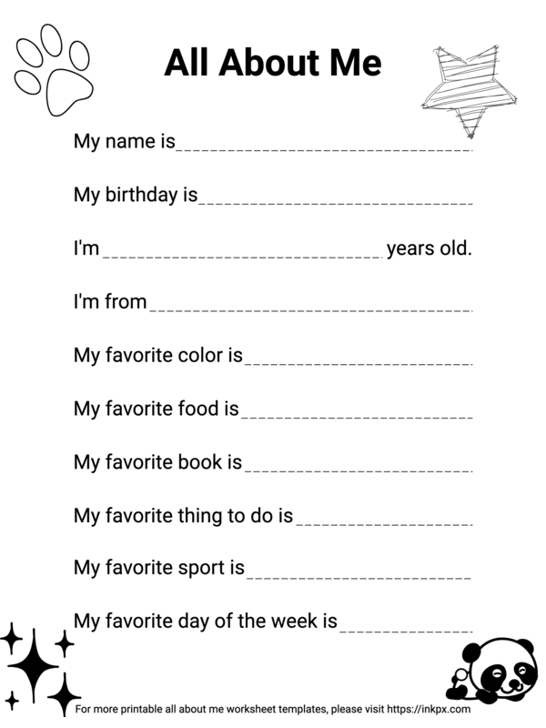 Free Printable Minimalist Black and White with Cute Decors All About Me Worksheet Template