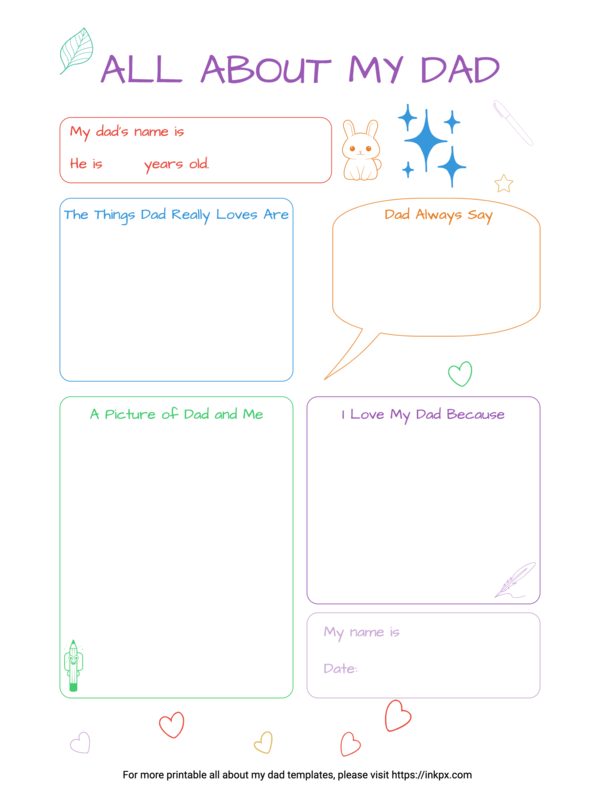 Free Printable Colorful All About My Dad Worksheet