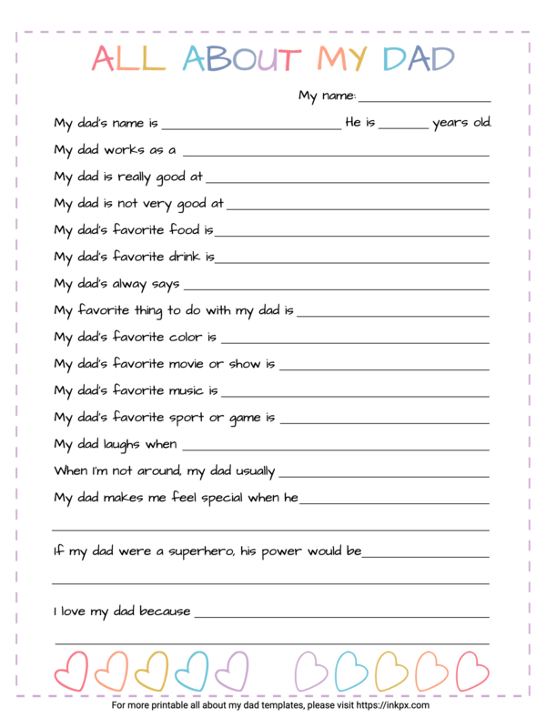 Free Printable Colorful Simple All About My Dad Template