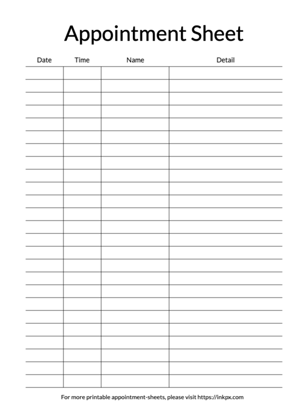 Printable Simple Open Border Appointment Sheet Template