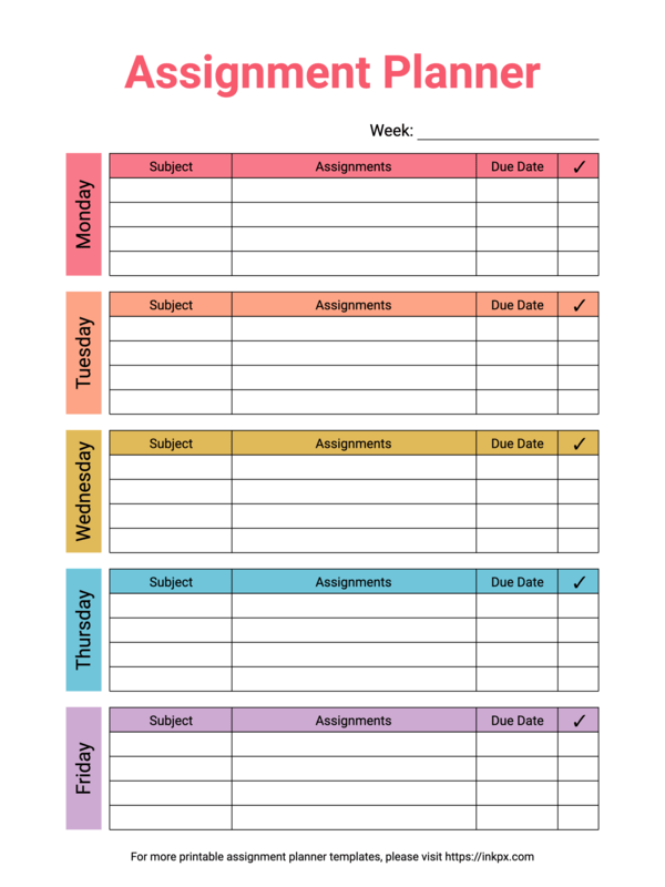 Free Printable Colorful Weekly Assignment Planner Template
