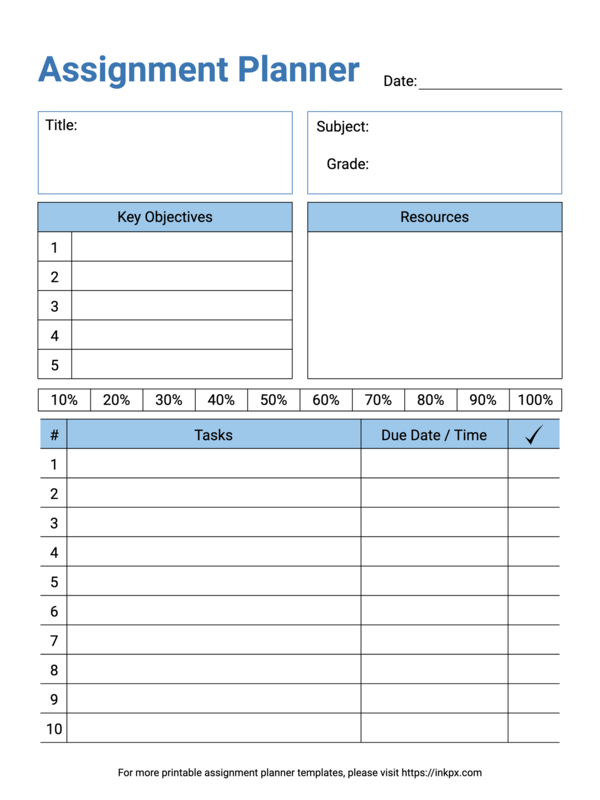 Free Printable Simple Blue Color Table Style Assignment Planner Template