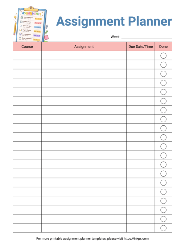 Free Printable Colorful Plain Assignment Planner Template