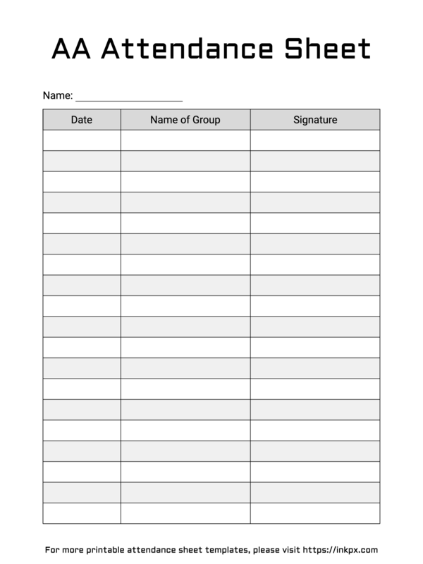 Free Printable Minimalist Black and White AA Attendance Sheet Template