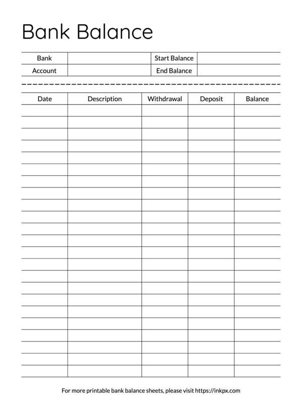 Printable Simple Open Border Black and White Bank Balance Tracker Sheet Template