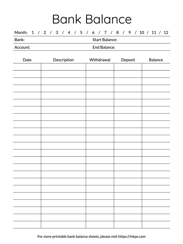 Printable Simple Bank Balance Tracker Template