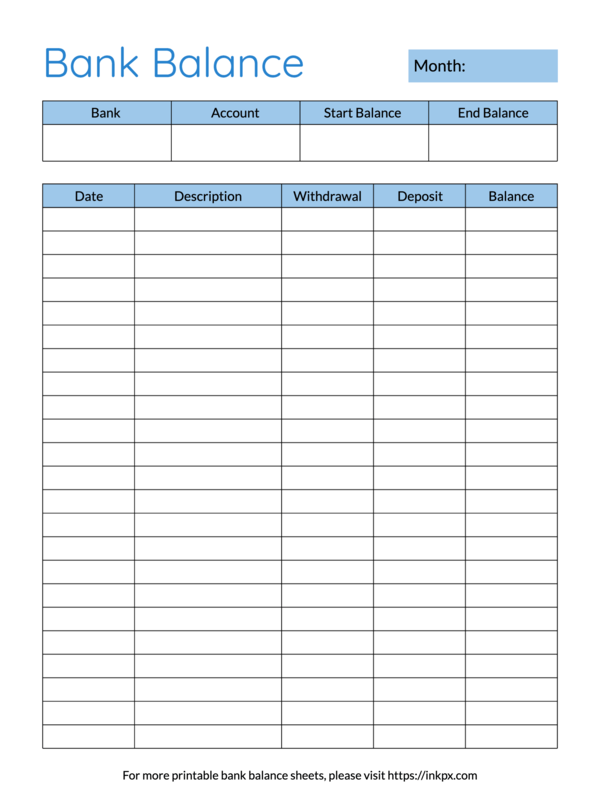 Printable Blue Colored Table Style Bank Balance Tracker Template