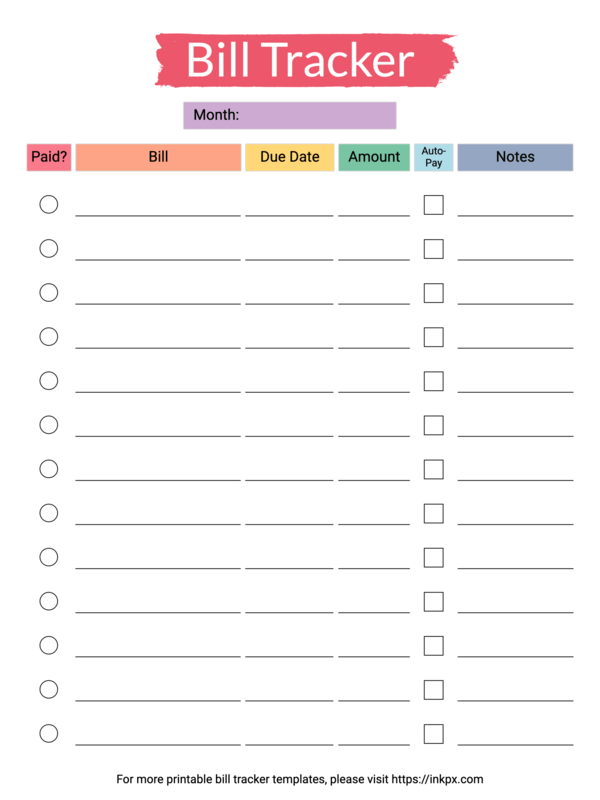 Free Printable Classic Style Rainbow Color Monthly Bill Tracker Template