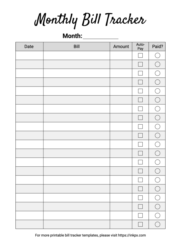 Free Printable Minimalist Black And White Monthly Bill Tracker Template