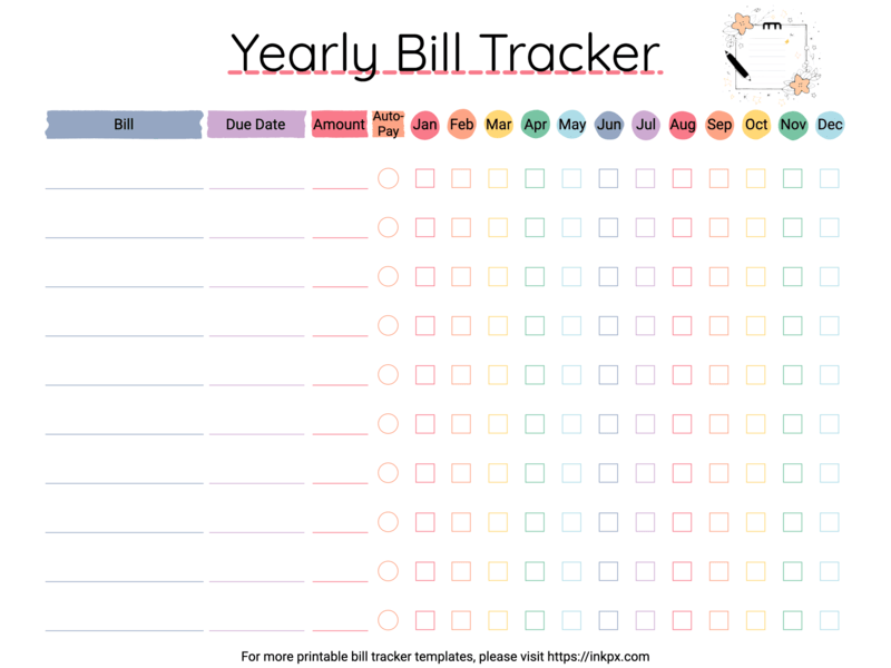 Free Printable Classic Style Rainbow Color Yearly Bill Tracker Template