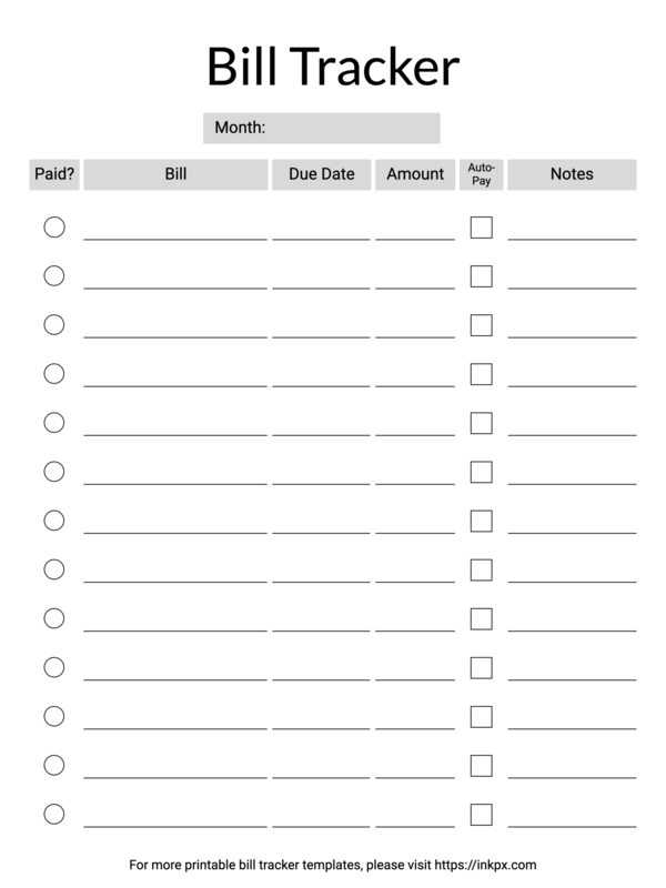 Free Printable Classic Style Black And White Monthly Bill Tracker