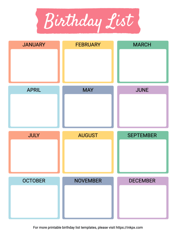 Free Printable Tab Style Colorful Birthday List Template · InkPx
