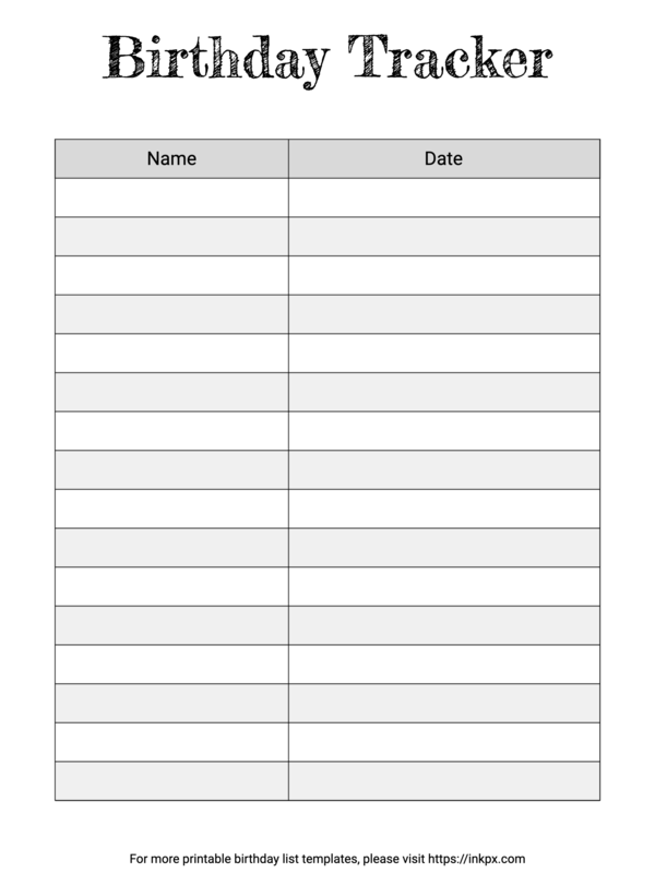 Free Printable Clean Style Black and White Birthday Tracker Template